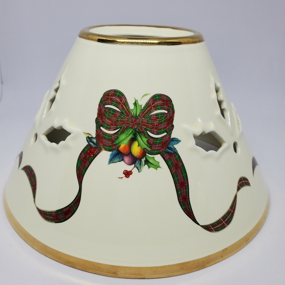 Lenox Holiday Tartan Candle Lamp & Shade, Fruit and Holly Leaves Gold Trim Vtg. - Picture 9 of 14